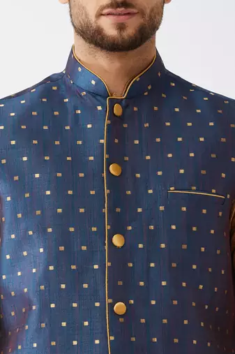Rose Gold And Blue Silk Blend Jacket, Kurta And Dhoti Set