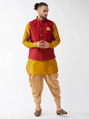Mustard, Maroon And Rose Gold Silk Blend Jacket, Kurta And Dhoti Set 1
