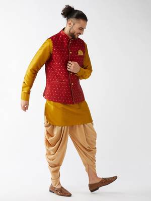 Mustard, Maroon And Rose Gold Silk Blend Jacket, Kurta And Dhoti Set 2