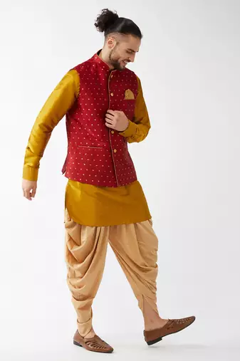 Mustard, Maroon And Rose Gold Silk Blend Jacket, Kurta And Dhoti Set