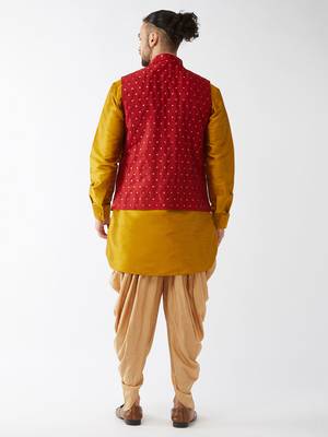 Mustard, Maroon And Rose Gold Silk Blend Jacket, Kurta And Dhoti Set 3
