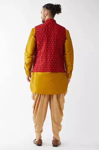 Mustard, Maroon And Rose Gold Silk Blend Jacket, Kurta And Dhoti Set