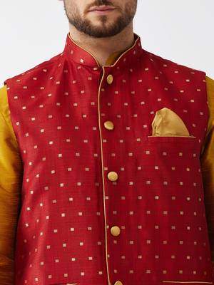 Mustard, Maroon And Rose Gold Silk Blend Jacket, Kurta And Dhoti Set 4