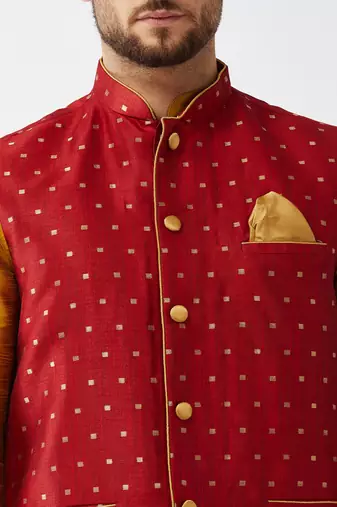 Mustard, Maroon And Rose Gold Silk Blend Jacket, Kurta And Dhoti Set