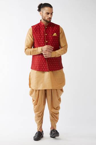 Men'S Rose Gold And Maroon Silk Blend Jacket, Kurta And Dhoti Set