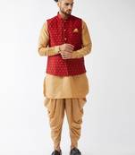 Men'S Rose Gold And Maroon Silk Blend Jacket, Kurta And Dhoti Set