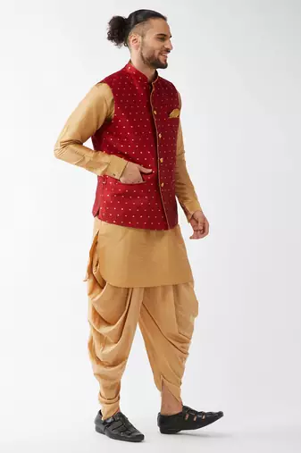 Rose Gold And Maroon Silk Blend Jacket, Kurta And Dhoti Set