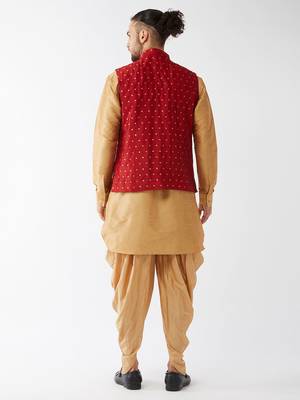 Rose Gold And Maroon Silk Blend Jacket, Kurta And Dhoti Set 3