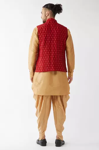 Rose Gold And Maroon Silk Blend Jacket, Kurta And Dhoti Set