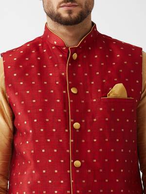 Rose Gold And Maroon Silk Blend Jacket, Kurta And Dhoti Set 4