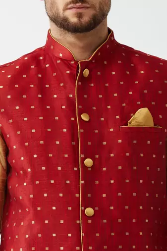 Rose Gold And Maroon Silk Blend Jacket, Kurta And Dhoti Set