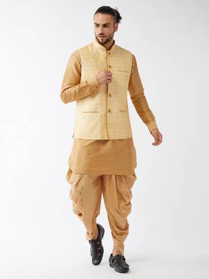 Rose Gold And Gold Silk Blend Jacket, Kurta And Dhoti Set 1