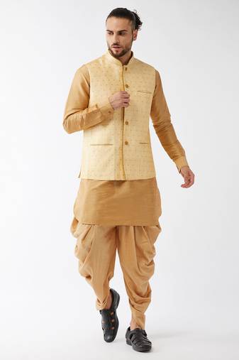 Men'S Rose Gold And Gold Silk Blend Jacket, Kurta And Dhoti Set
