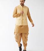 Men'S Rose Gold And Gold Silk Blend Jacket, Kurta And Dhoti Set