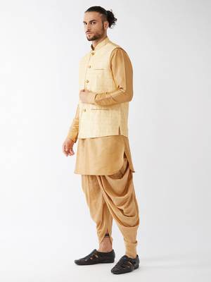Rose Gold And Gold Silk Blend Jacket, Kurta And Dhoti Set 2