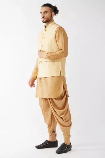 Rose Gold And Gold Silk Blend Jacket, Kurta And Dhoti Set