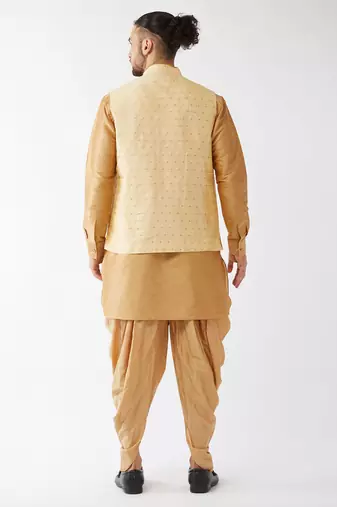 Rose Gold And Gold Silk Blend Jacket, Kurta And Dhoti Set