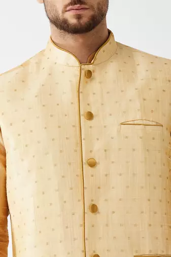 Rose Gold And Gold Silk Blend Jacket, Kurta And Dhoti Set