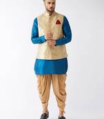 Men'S Turquoise And Rose Gold Silk Blend Jacket, Kurta And Dhoti Set