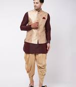 Men'S Wine And Rose Gold Silk Blend Jacket, Kurta And Dhoti Set