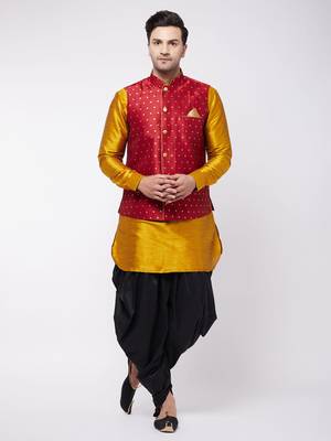 Men'S Mustard, Maroon And Black Silk Blend Jacket, Kurta And Dhoti Set 1