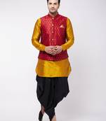 Men'S Mustard, Maroon And Black Silk Blend Jacket, Kurta And Dhoti Set