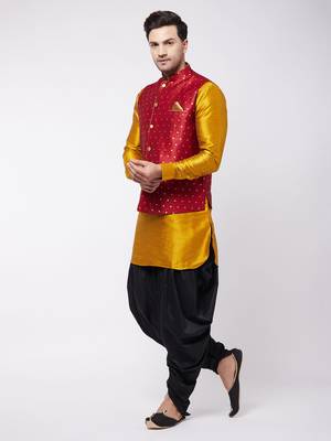 Men'S Mustard, Maroon And Black Silk Blend Jacket, Kurta And Dhoti Set 2