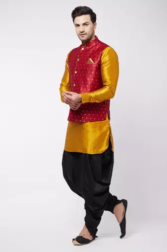 Men'S Mustard, Maroon And Black Silk Blend Jacket, Kurta And Dhoti Set