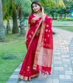 Red Pure Linen Silk Jamdani Woven Saree Festive Wear