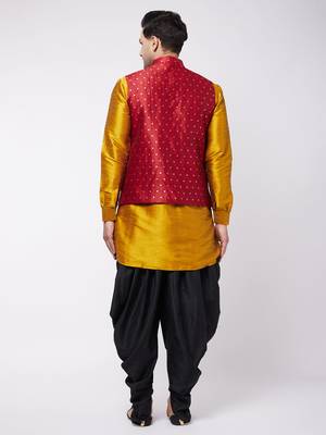 Men'S Mustard, Maroon And Black Silk Blend Jacket, Kurta And Dhoti Set 3