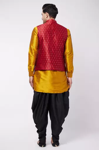 Men'S Mustard, Maroon And Black Silk Blend Jacket, Kurta And Dhoti Set