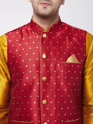 Men'S Mustard, Maroon And Black Silk Blend Jacket, Kurta And Dhoti Set 4