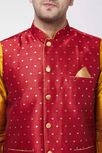 Men'S Mustard, Maroon And Black Silk Blend Jacket, Kurta And Dhoti Set