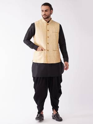 Black And Gold Silk Blend Jacket, Kurta And Dhoti Set 1