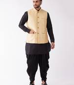 Men'S Black And Gold Silk Blend Jacket, Kurta And Dhoti Set