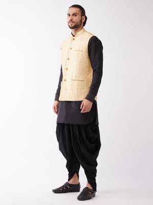 Black And Gold Silk Blend Jacket, Kurta And Dhoti Set 2