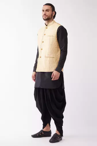 Black And Gold Silk Blend Jacket, Kurta And Dhoti Set