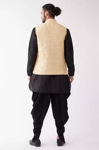 Black And Gold Silk Blend Jacket, Kurta And Dhoti Set