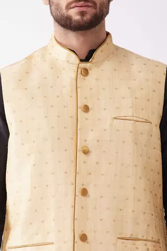 Black And Gold Silk Blend Jacket, Kurta And Dhoti Set
