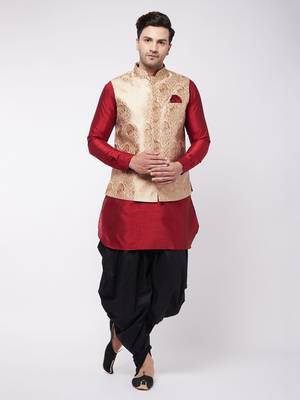 Maroon,Rose Gold And Black Silk Blend Jacket, Kurta And Dhoti Set 1