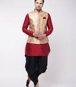 Maroon,Rose Gold And Black Silk Blend Jacket, Kurta And Dhoti Set