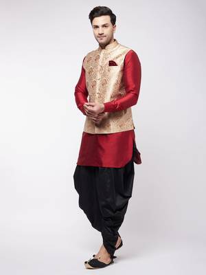 Maroon,Rose Gold And Black Silk Blend Jacket, Kurta And Dhoti Set 2