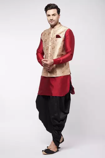 Maroon,Rose Gold And Black Silk Blend Jacket, Kurta And Dhoti Set