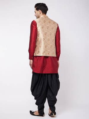 Maroon,Rose Gold And Black Silk Blend Jacket, Kurta And Dhoti Set 3