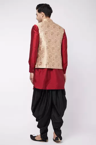 Maroon,Rose Gold And Black Silk Blend Jacket, Kurta And Dhoti Set