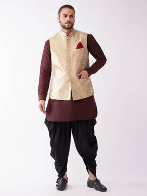Wine, Rose Gold And Black Silk Blend Jacket, Kurta And Dhoti Set 1