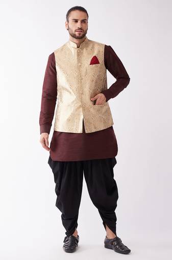 Men'S Wine, Rose Gold And Black Silk Blend Jacket, Kurta And Dhoti Set