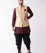 Wine, Rose Gold And Black Silk Blend Jacket, Kurta And Dhoti Set