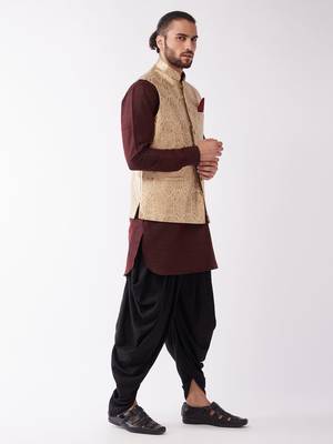 Wine, Rose Gold And Black Silk Blend Jacket, Kurta And Dhoti Set 2