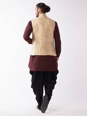 Wine, Rose Gold And Black Silk Blend Jacket, Kurta And Dhoti Set 3